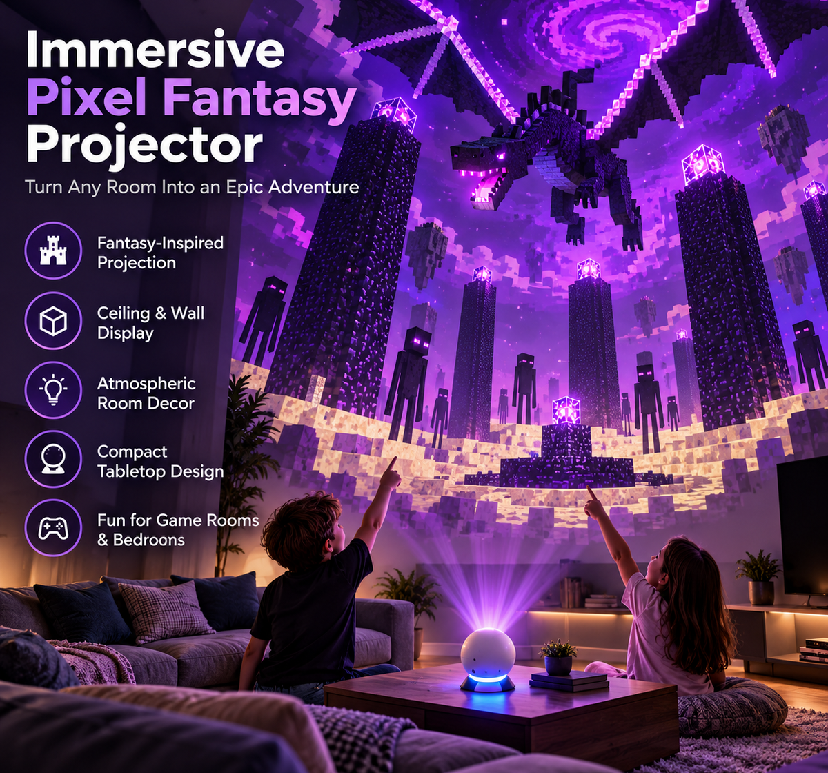 🎮 Pixel Fantasy Scene Projector – Ambient Decor for Gaming Rooms