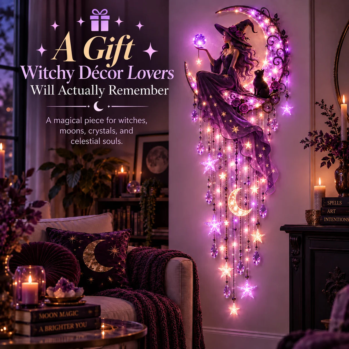 🌙✨ Witch Moon Starfall Wall Light – Magical Purple Celestial Decor