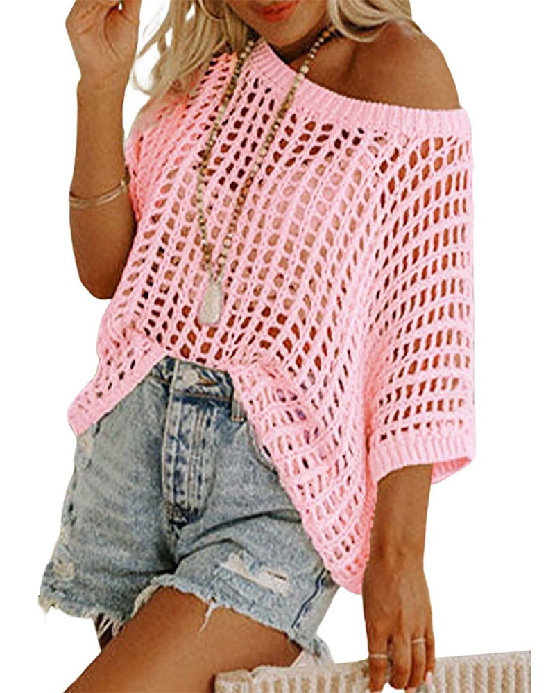 Damen Sommer Kurzarm Hohlstrick-Top Strandkleidung