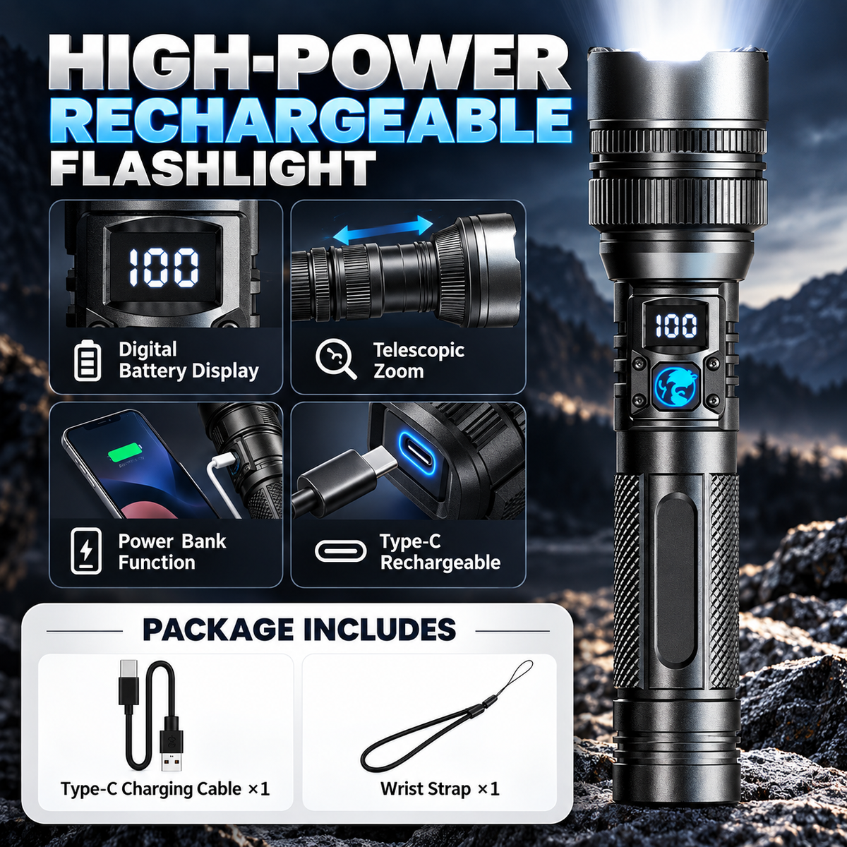 🔦 High-Power Rechargeable Zoom Flashlight with Digital Battery Display & Power Bank