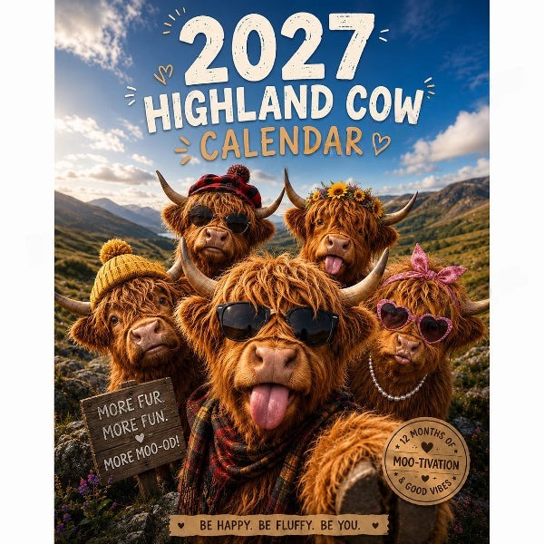 2027 Funny Highland Cow Wall Calendar | A4 Hanging Calendar | Designed by Isabel Kline
