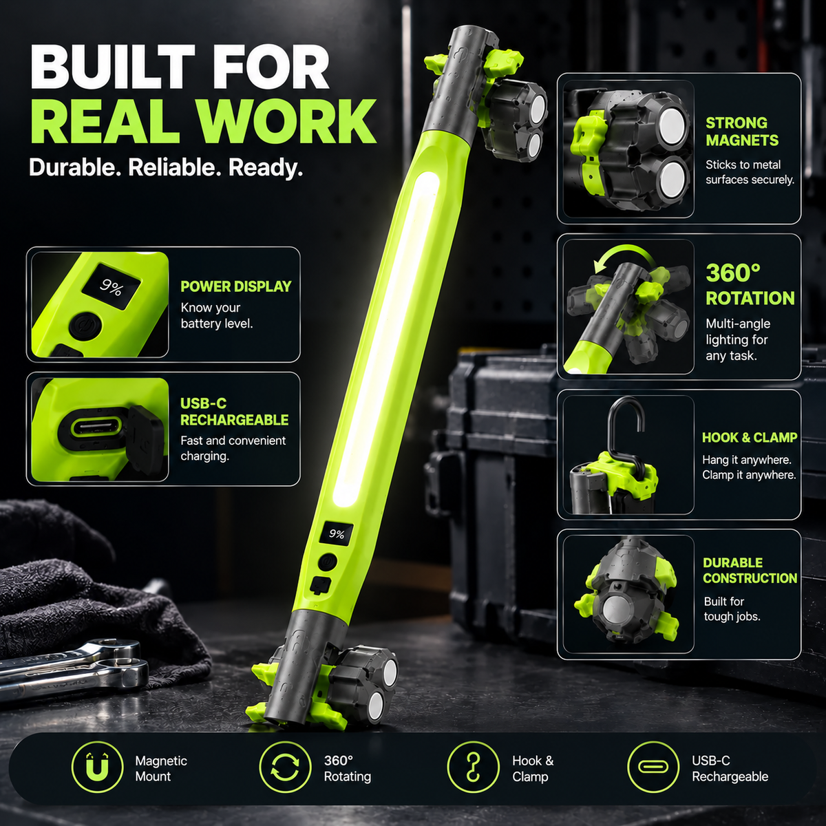 🔦 Rechargeable Magnetic LED Work Light – 360° Rotating Hands-Free Flashlight