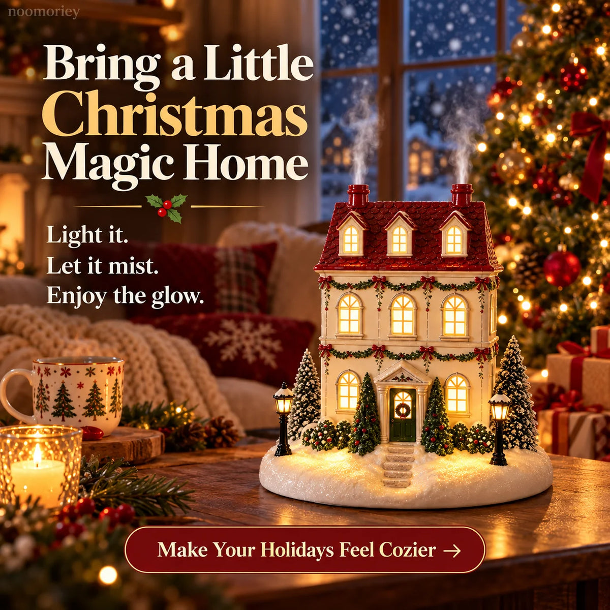 🎄 Christmas House Mist Diffuser – Warm Light & Festive Tabletop Decor