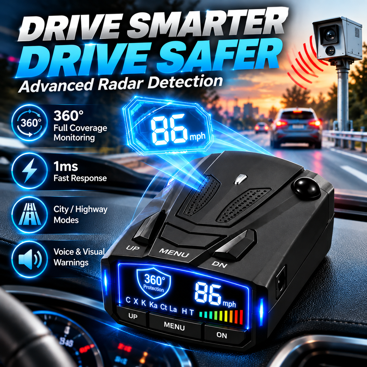 🚗v7 Multi-band Radar Alert Detector – Voice & Led Alerts With City/highway Modes
