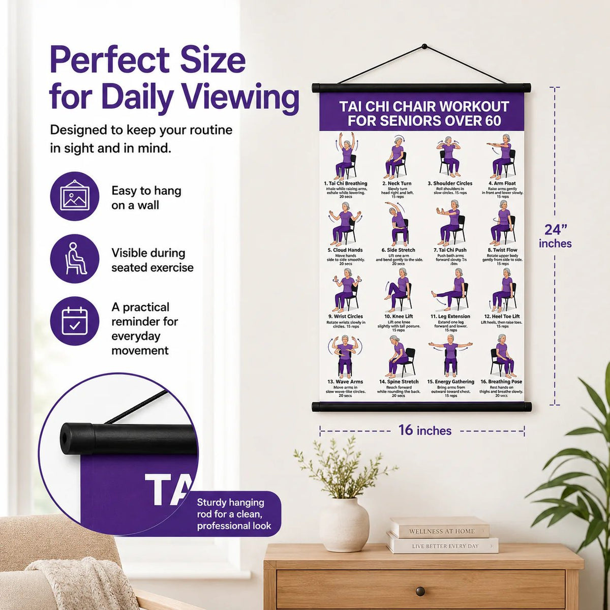 🏅Chair Tai Chi Workout Poster for Seniors – 16 Seated Exercises for Balance & Flexibility (16×24 in)