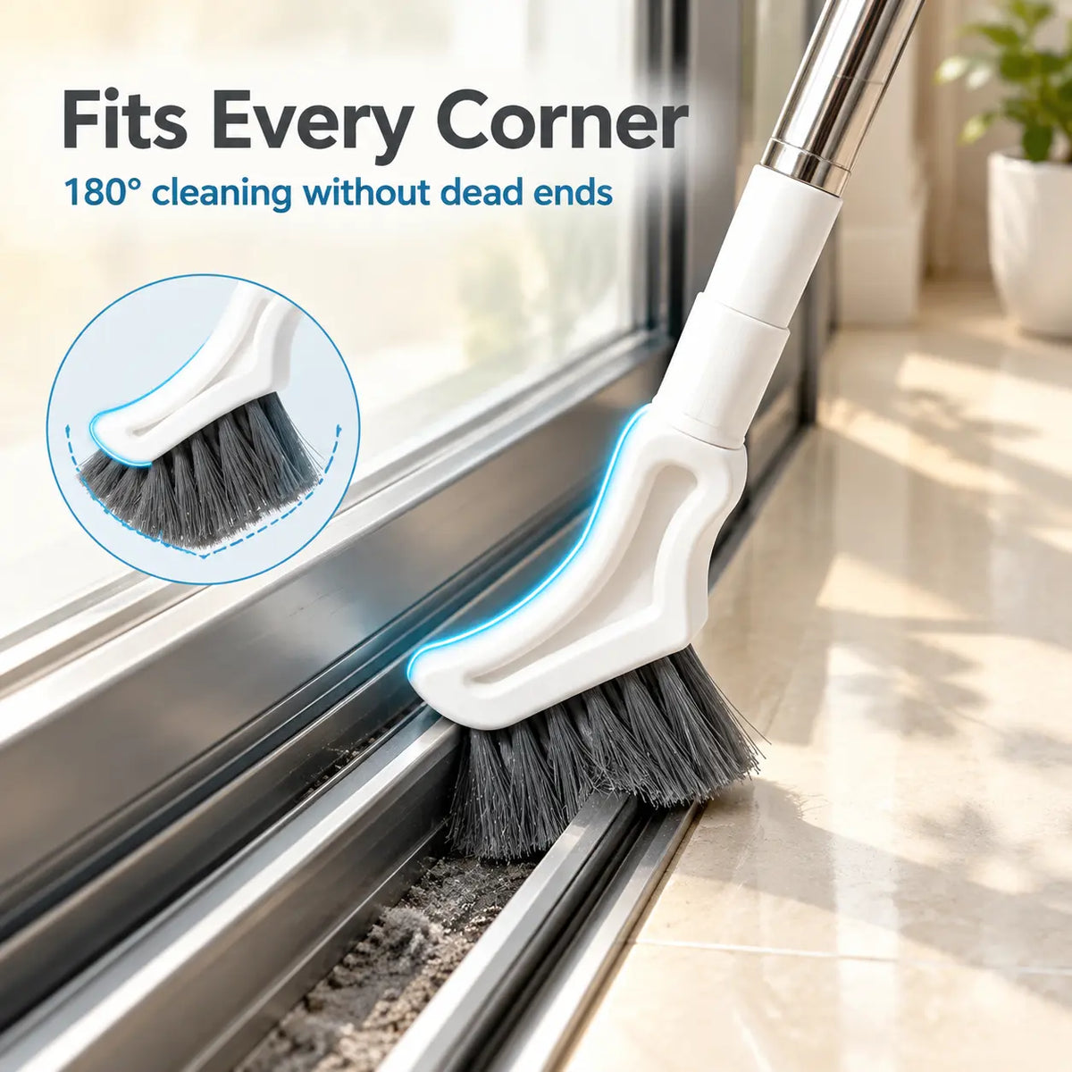 Angled bristles of cleaning brush reaching into a sliding glass door track