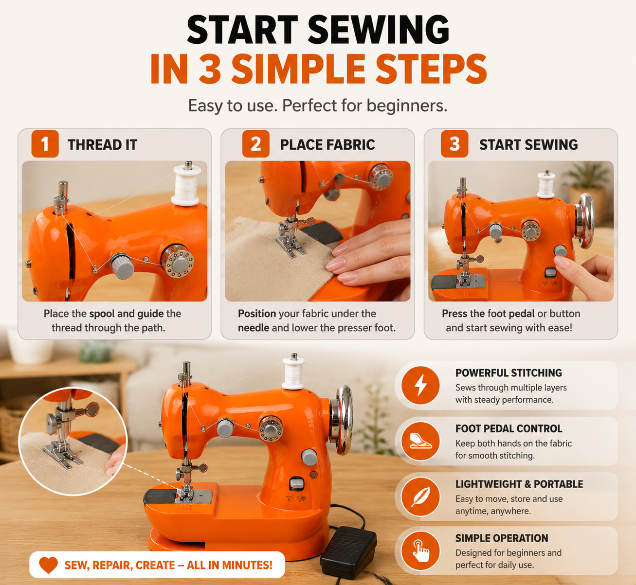 🏅Hot Sale🔥🏠 HOME DIY SALE | Mini Electric Sewing Machine – Compact Sewing Helper for Repairs, Crafts & Creative Projects