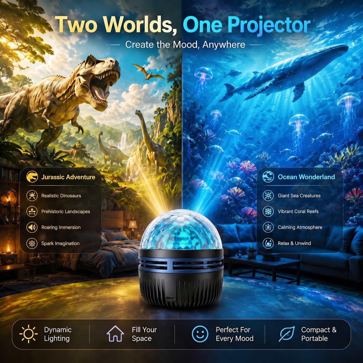 🌌✨ 360° Smart Holographic Galaxy Projector – HD Dynamic 5D Starry Sky & Ocean Ambient Night Light 🎁