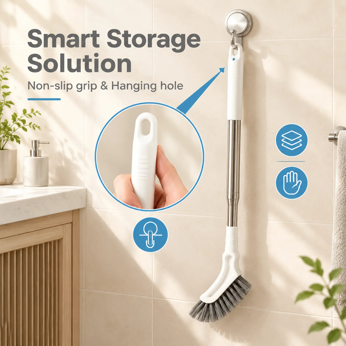 Telescopic cleaning brush hanging from a bathroom wall hook after use
