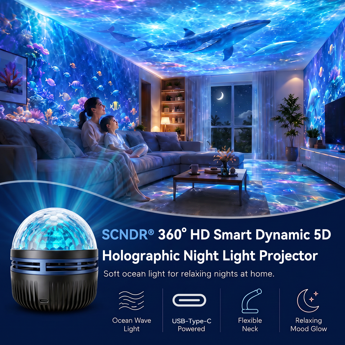 🌌✨ 360° Smart Holographic Galaxy Projector – HD Dynamic 5D Starry Sky & Ocean Ambient Night Light 🎁
