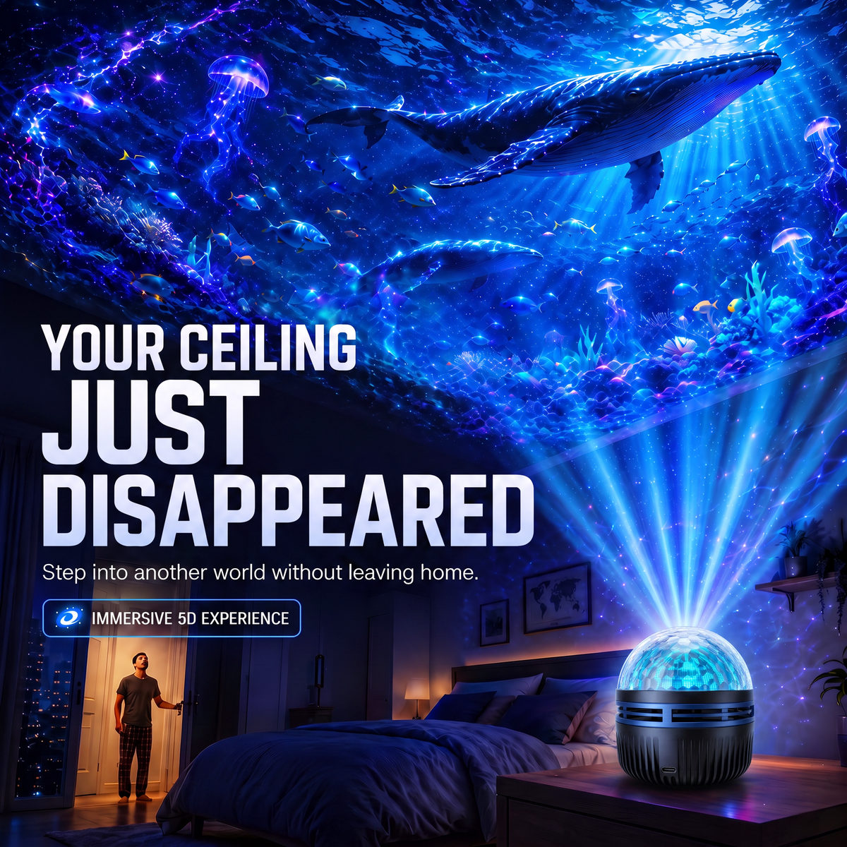 🌌✨ 360° Smart Holographic Galaxy Projector – HD Dynamic 5D Starry Sky & Ocean Ambient Night Light 🎁