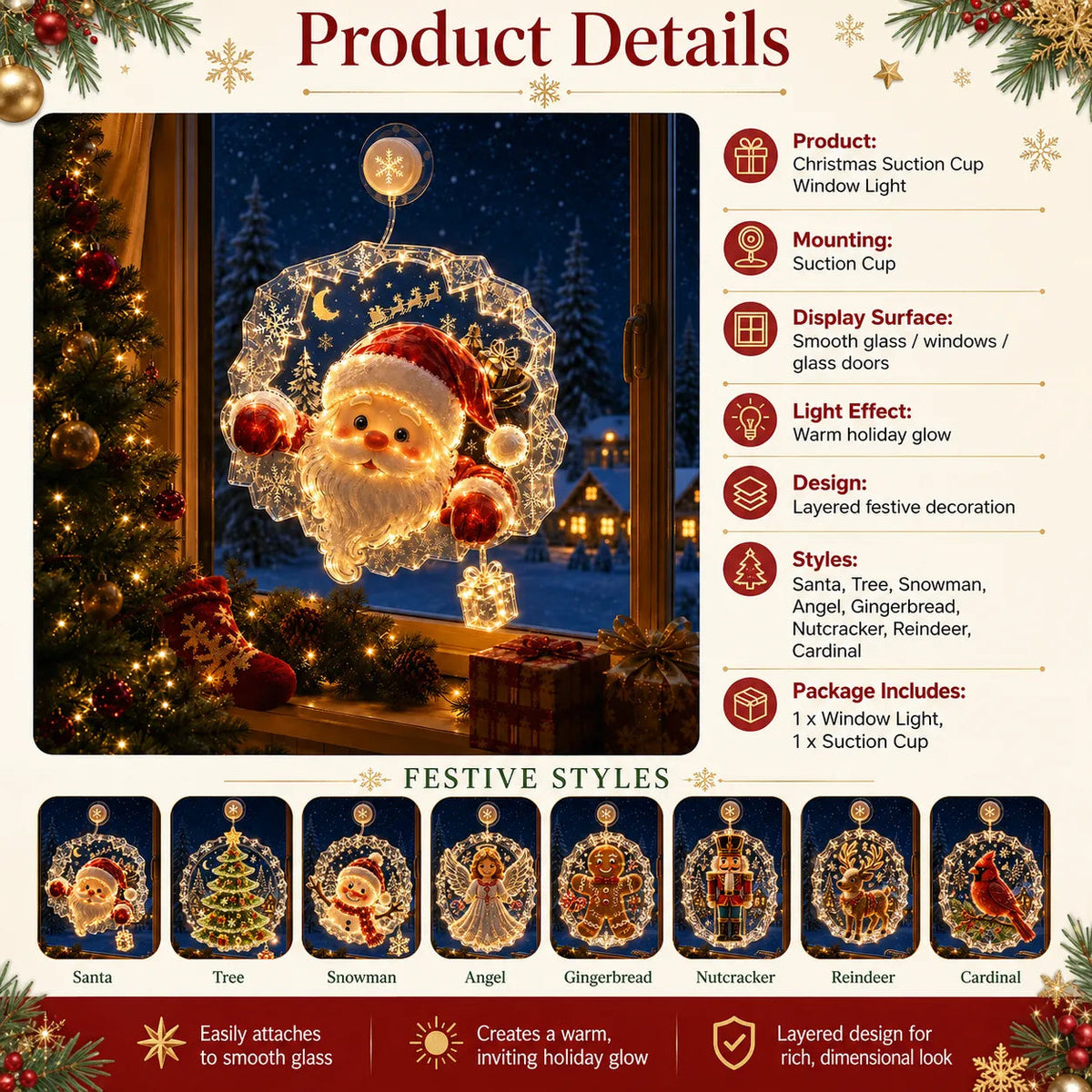 🏅 2026 Best Seller ✨🎄Lighted Christmas Window Decoration with Suction Cup Flat Version | Warm LED Window Light with Double-Layer Design & Multiple Festive Styles ✨