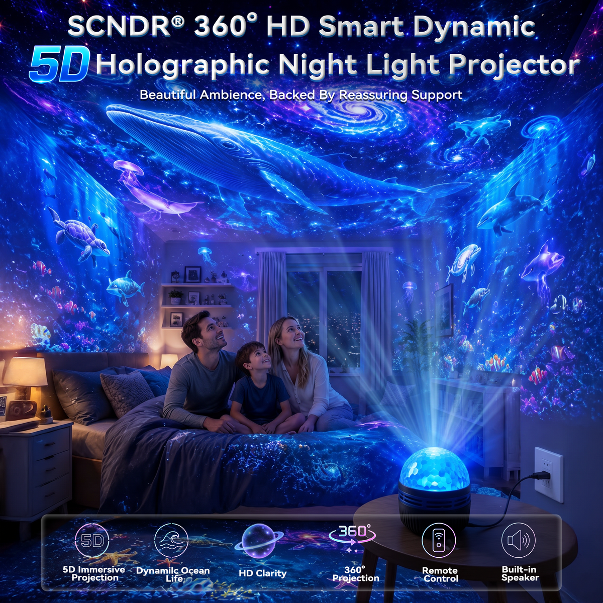 🌌✨ 360° Smart Holographic Galaxy Projector – HD Dynamic 5D Starry Sky & Ocean Ambient Night Light 🎁