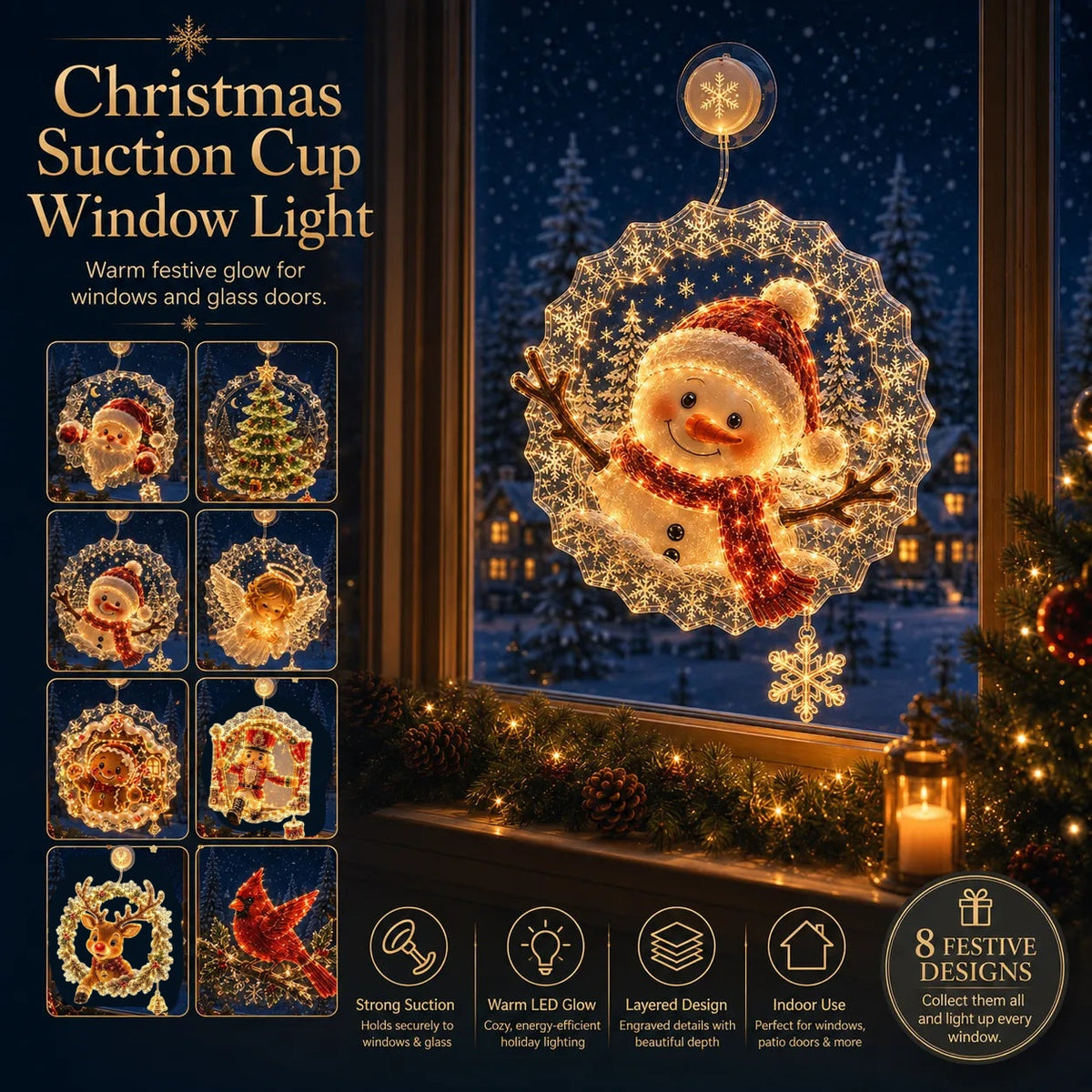 🏅 2026 Best Seller ✨🎄Lighted Christmas Window Decoration with Suction Cup Flat Version | Warm LED Window Light with Double-Layer Design & Multiple Festive Styles ✨