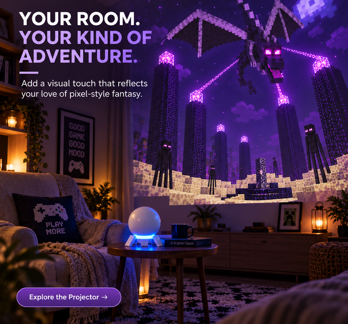🎮 Pixel Fantasy Scene Projector – Ambient Decor for Gaming Rooms