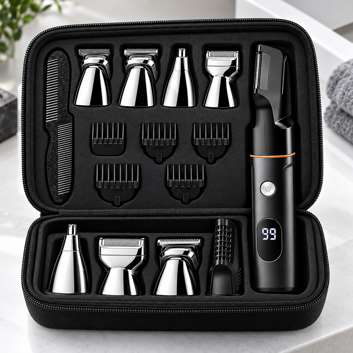 Men's grooming kit and attachments displayed in a storage case