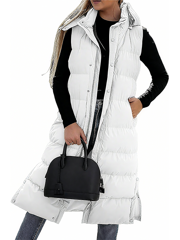 Women's Long Puffer Vest | Quilted Hood & Button Closure