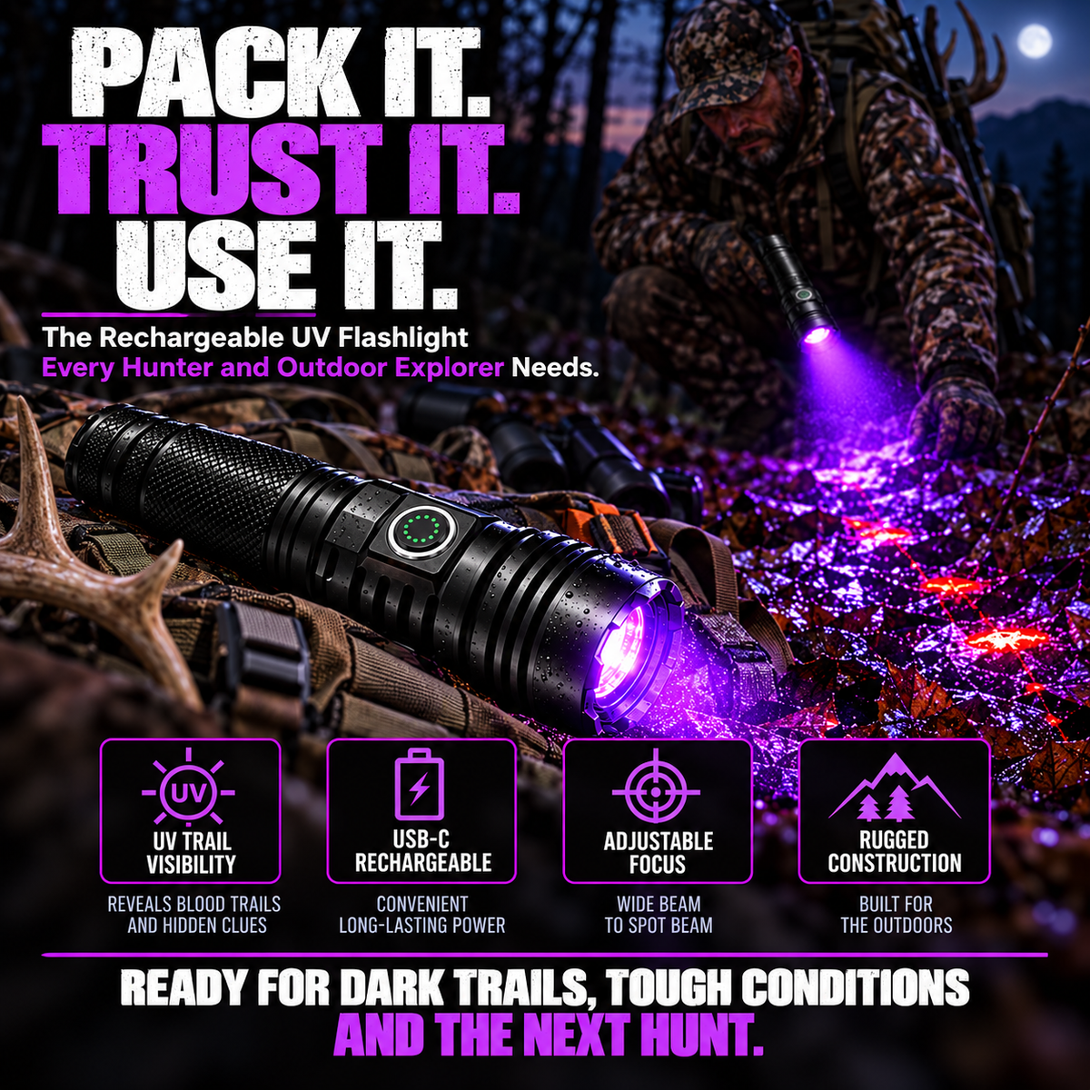 Fgorre USB-C rechargeable tracking flashlight with outdoor hunting equipment
