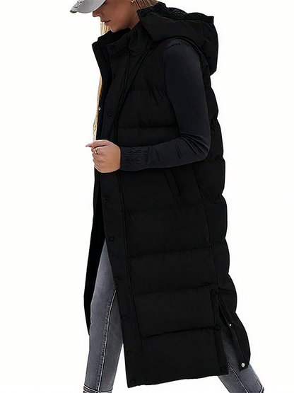 Women's Long Puffer Vest | Quilted Hood & Button Closure