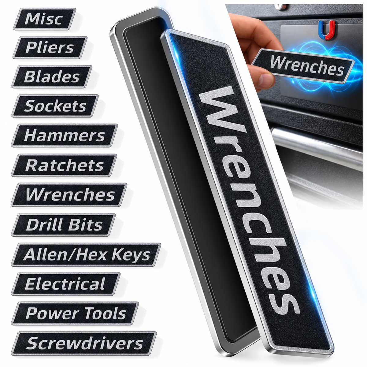 Black 12-piece magnetic toolbox label set showing different tool categories and magnetic backing