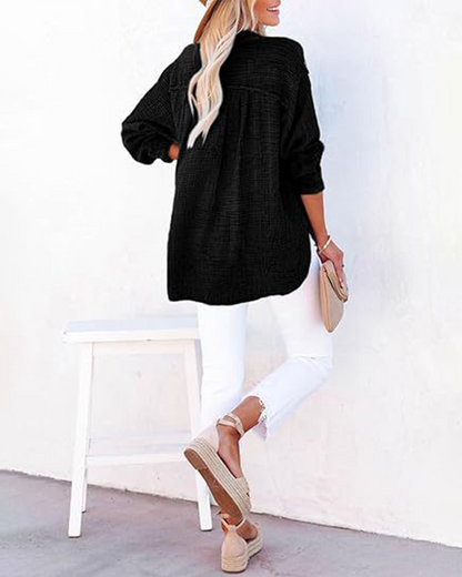 Damen Casual V-Ausschnitt Langarmshirts Knöpfe Solide Blusen Oberteile