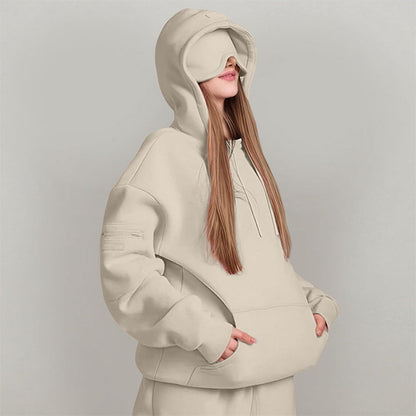Airplane Model Travel Hoodie Eye Mask Built in Long Sleeve Oversized Sweatshirt
