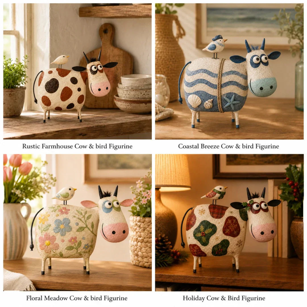 🔥Hot Sale🐮Whimsical Cow & Bird Folk Art Figurine – Rustic Farmhouse Tabletop Decor Gift