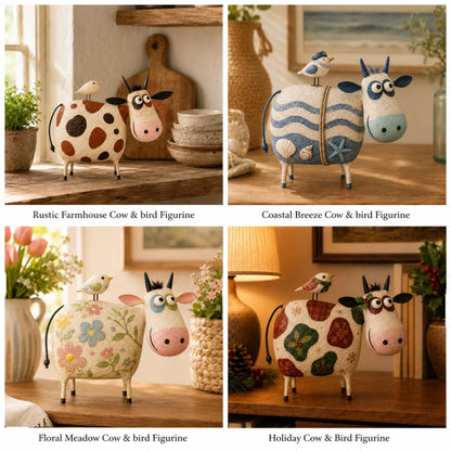 🔥Hot Sale🐮Whimsical Cow & Bird Folk Art Figurine – Rustic Farmhouse Tabletop Decor Gift