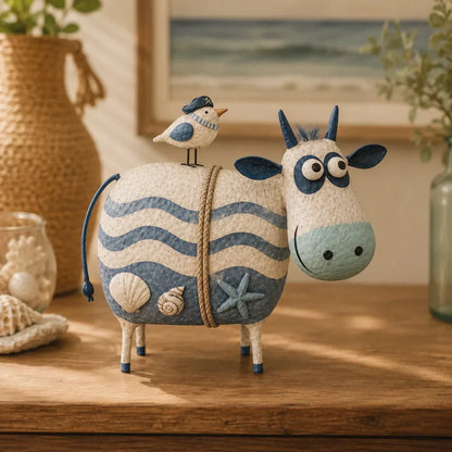 🔥Hot Sale🐮Whimsical Cow & Bird Folk Art Figurine – Rustic Farmhouse Tabletop Decor Gift