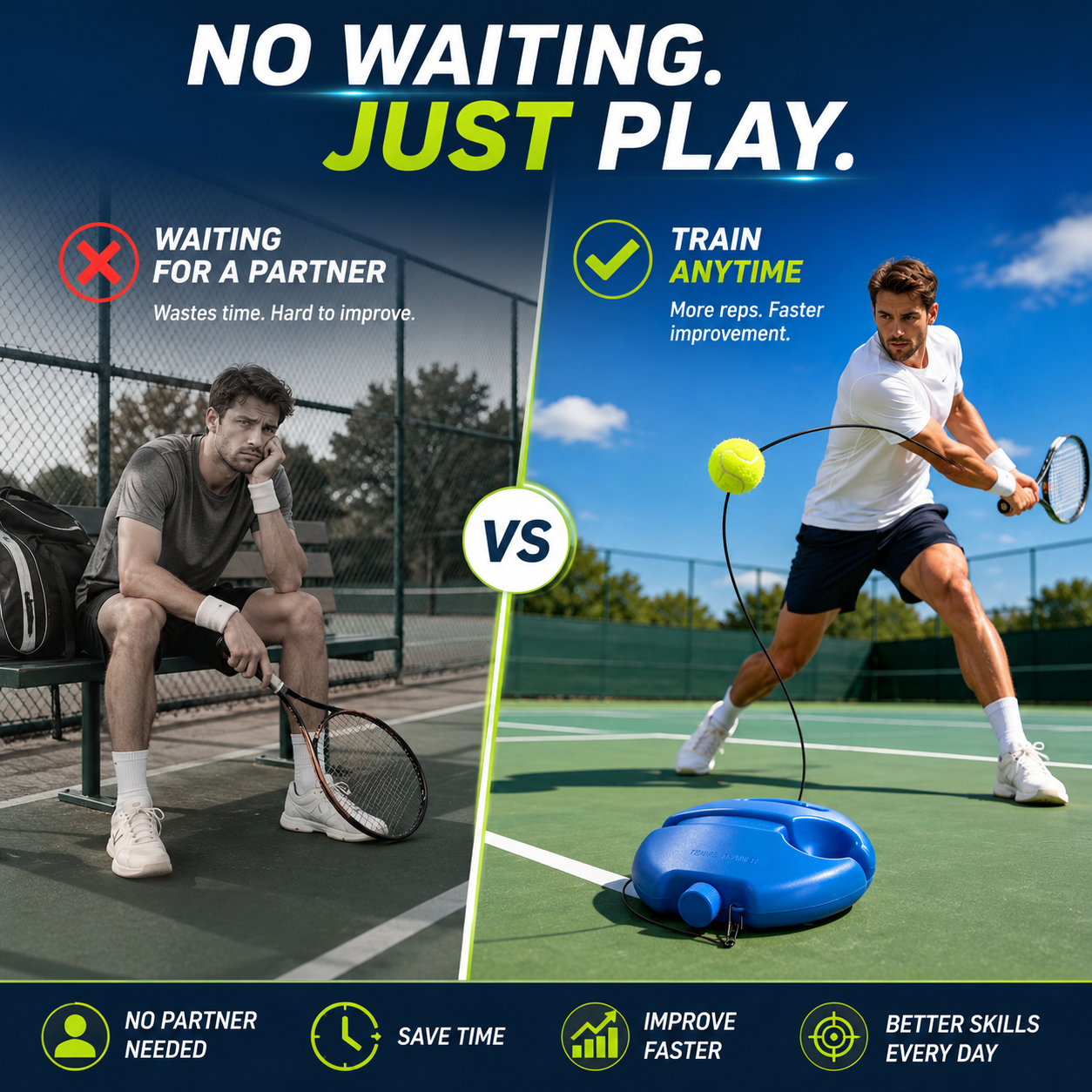 🎾 Solo Tennis Trainer Rebound Set – Practice Anytime, No Partner Needed,3 Balls