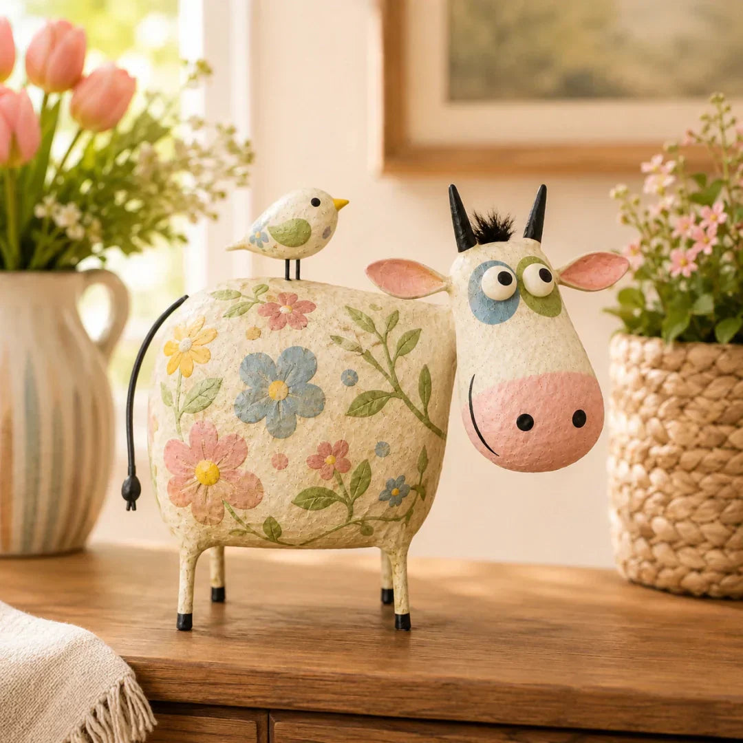 🔥Hot Sale🐮Whimsical Cow & Bird Folk Art Figurine – Rustic Farmhouse Tabletop Decor Gift