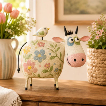 🔥Hot Sale🐮Whimsical Cow & Bird Folk Art Figurine – Rustic Farmhouse Tabletop Decor Gift