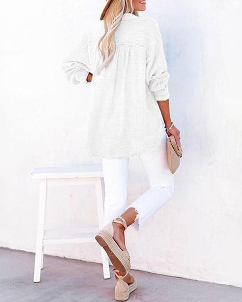 Damen Casual V-Ausschnitt Langarmshirts Knöpfe Solide Blusen Oberteile