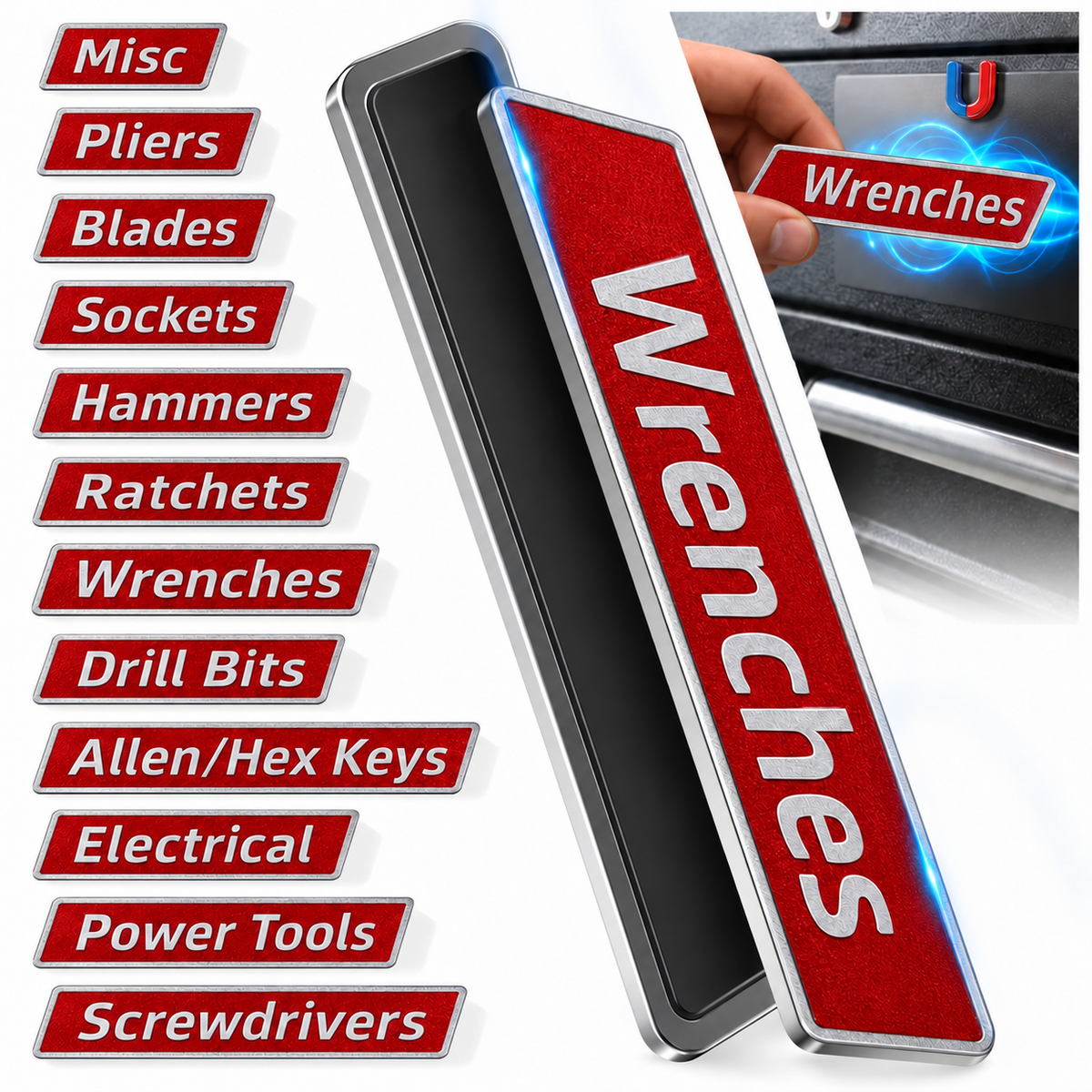 Red version of the 12-piece magnetic toolbox label set showing category names and magnetic backing