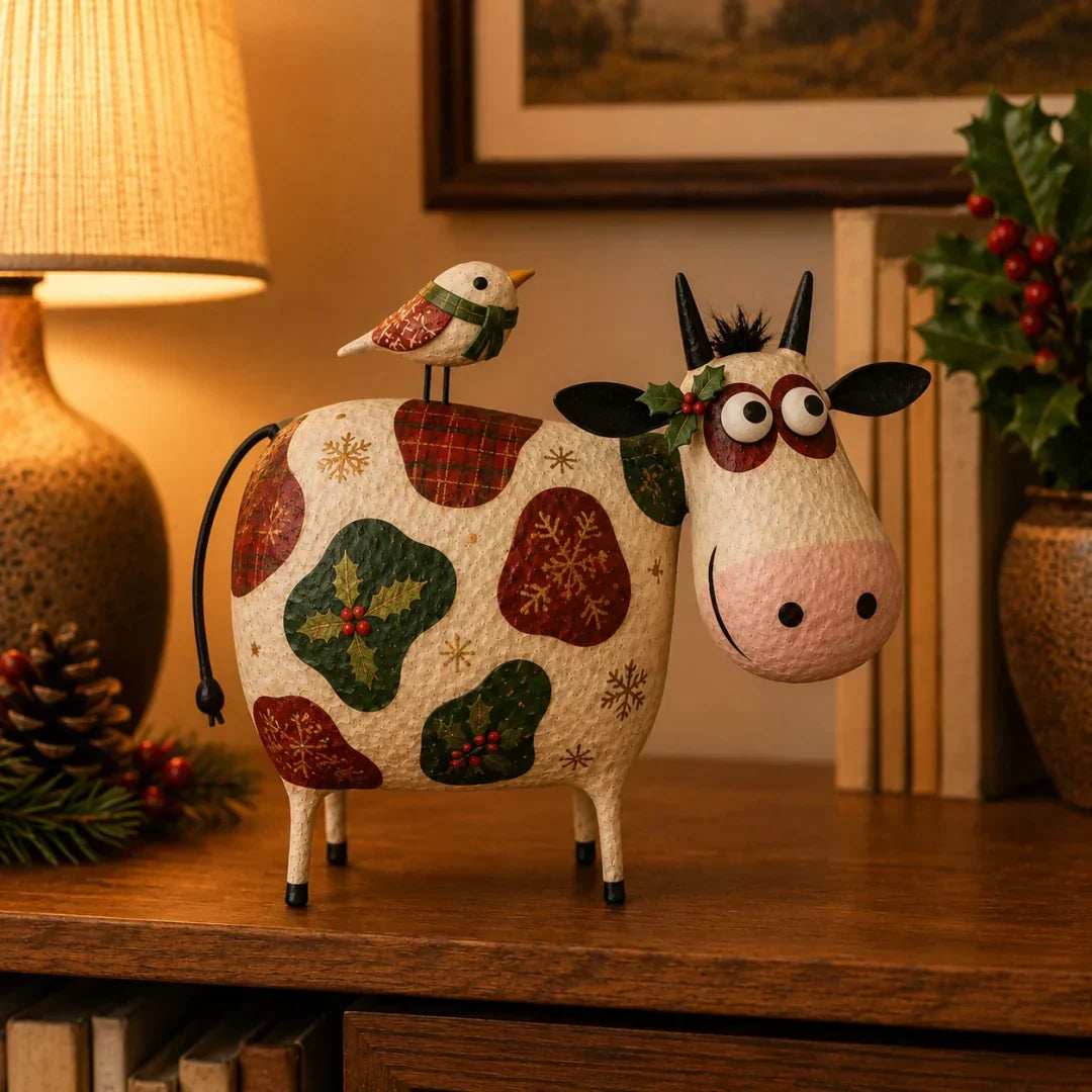 🔥Hot Sale🐮Whimsical Cow & Bird Folk Art Figurine – Rustic Farmhouse Tabletop Decor Gift