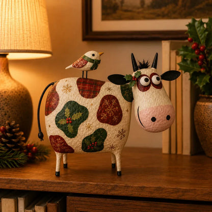 🔥Hot Sale🐮Whimsical Cow & Bird Folk Art Figurine – Rustic Farmhouse Tabletop Decor Gift