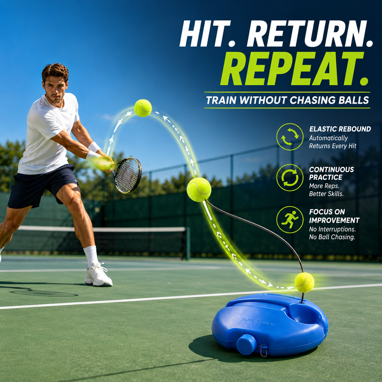 🎾 Solo Tennis Trainer Rebound Set – Practice Anytime, No Partner Needed,3 Balls