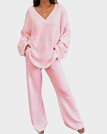 Soft Fuzzy V-Neck Loungewear Set