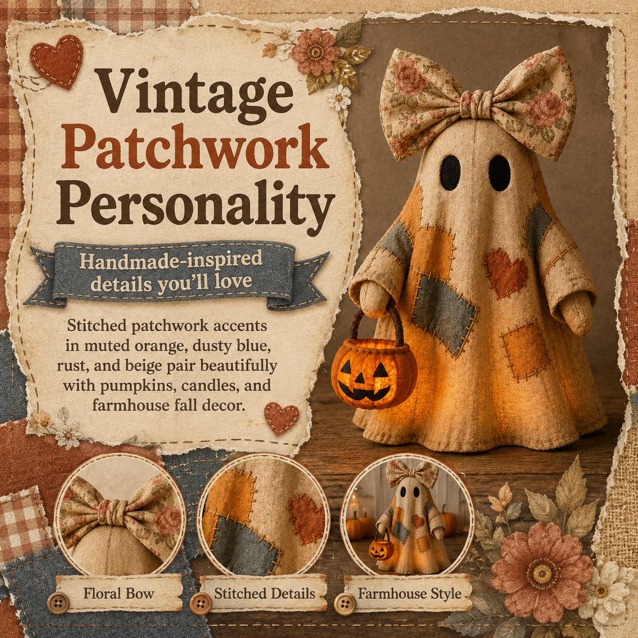 🔥 LIMITED TIME: 40% OFF - 👻🎃 Cozy Patchwork Ghost Lamp (✨ Glowing Pumpkin Basket)