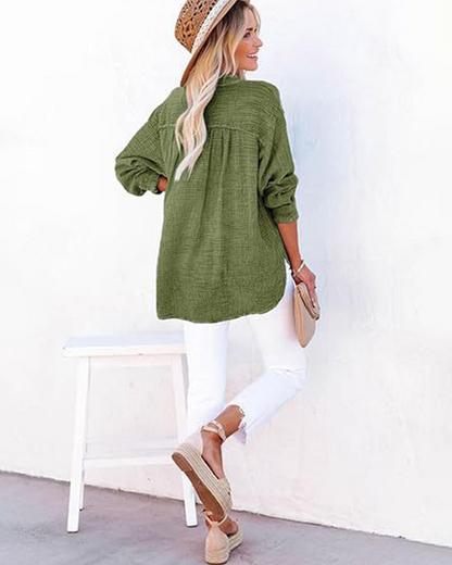 Damen Casual V-Ausschnitt Langarmshirts Knöpfe Solide Blusen Oberteile
