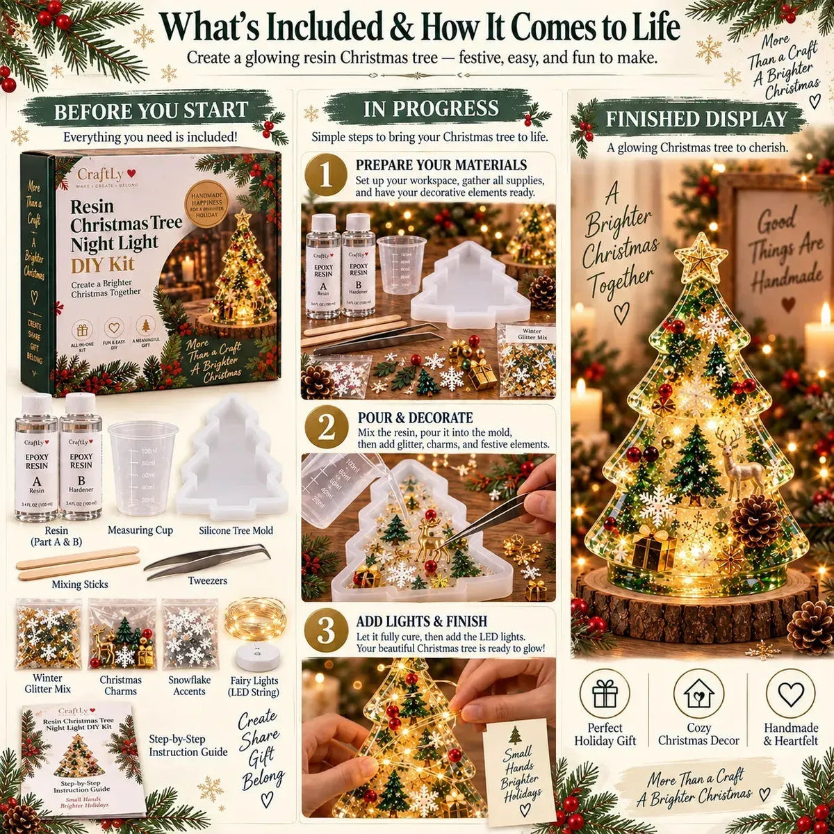🎄 Resin Christmas Tree Night Light DIY Kit – Beginner-Friendly Craft Set