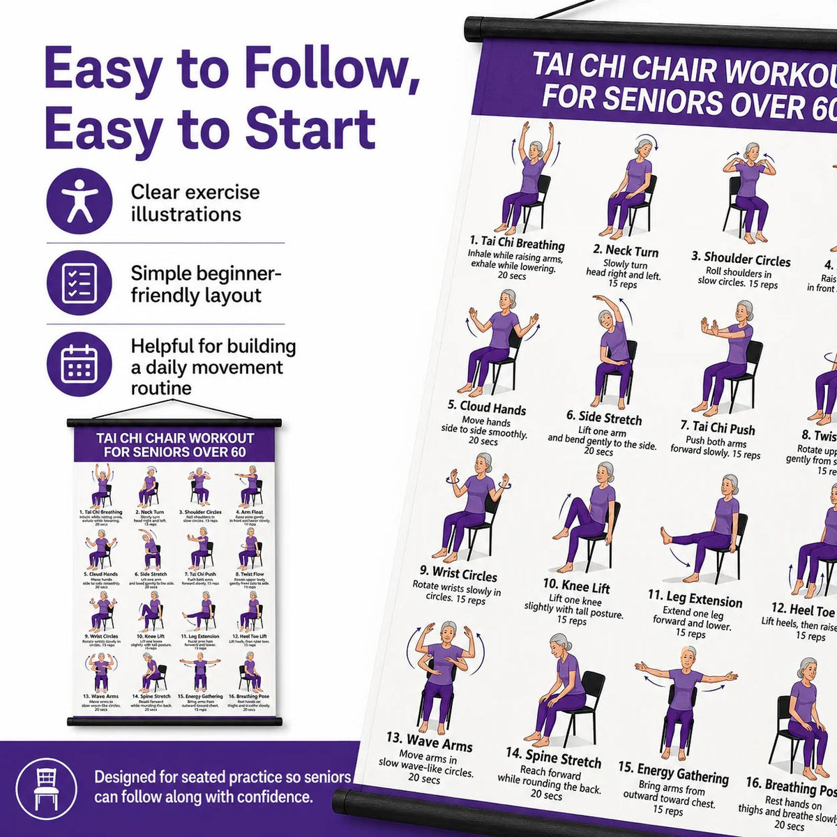 🏅Chair Tai Chi Workout Poster for Seniors – 16 Seated Exercises for Balance & Flexibility (16×24 in)