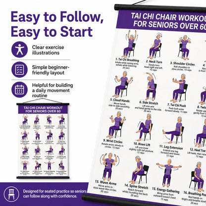 🏅Chair Tai Chi Workout Poster for Seniors – 16 Seated Exercises for Balance & Flexibility (16×24 in)
