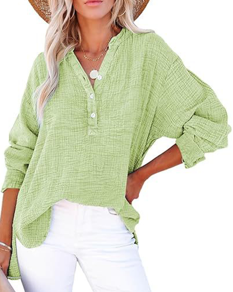 Damen Casual V-Ausschnitt Langarmshirts Knöpfe Solide Blusen Oberteile