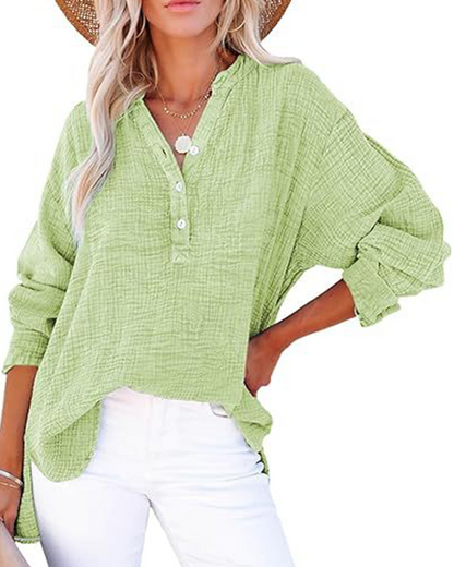 Damen Casual V-Ausschnitt Langarmshirts Knöpfe Solide Blusen Oberteile