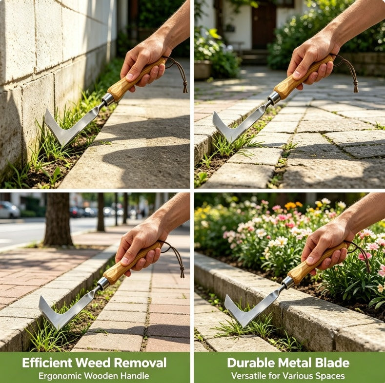 2026 New Crack Weeder Tool Crevice Cleaning Tool 12" Stainless Steel Manual grass Puller Tool Beech Wood Handle for Sidewalk Driveways Patio Paver Narrow and Wall Gaps