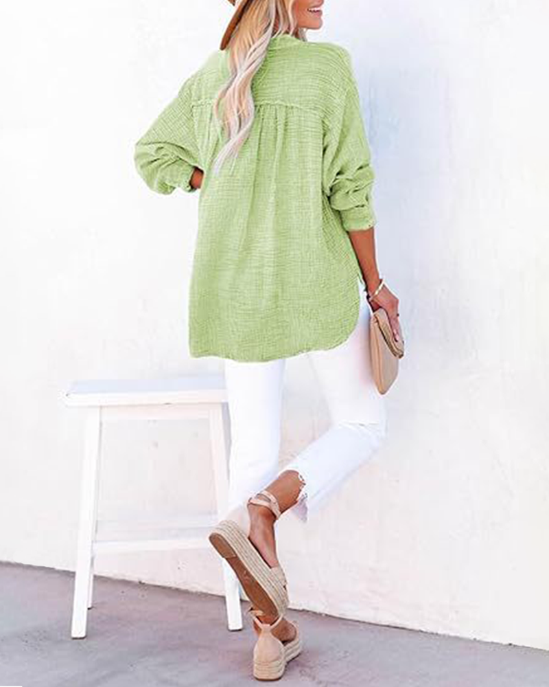 Damen Casual V-Ausschnitt Langarmshirts Knöpfe Solide Blusen Oberteile