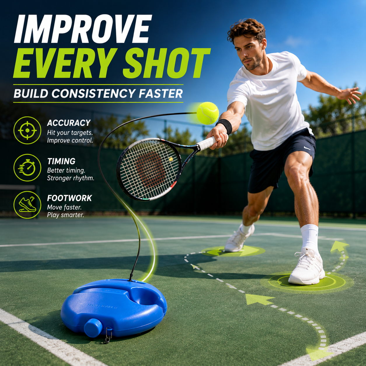 🎾 Solo Tennis Trainer Rebound Set – Practice Anytime, No Partner Needed,3 Balls
