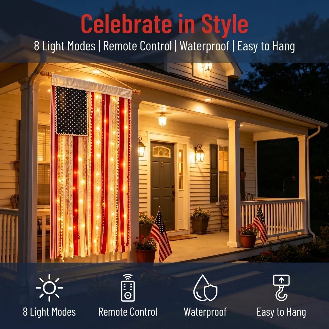 ⏰Last day Promotion ⭐4 x 2.3 Ft Lighted Rag American Flag Banner