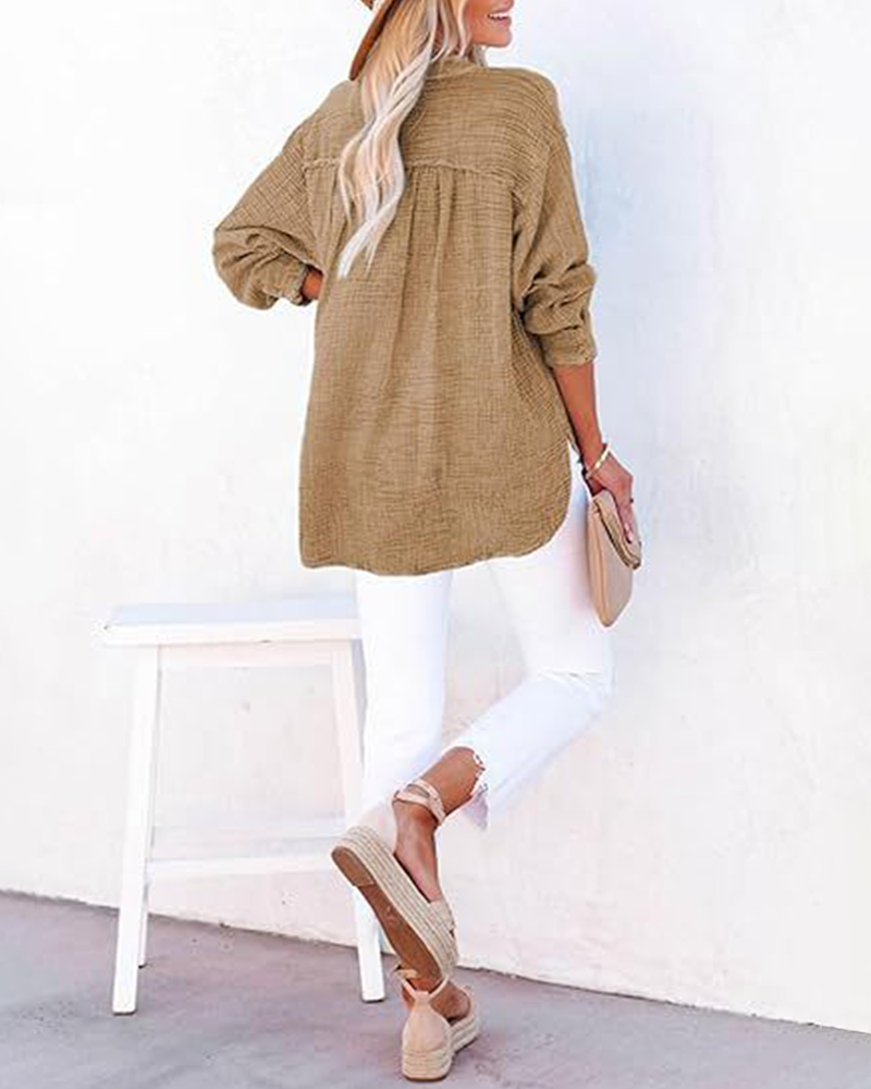 Damen Casual V-Ausschnitt Langarmshirts Knöpfe Solide Blusen Oberteile